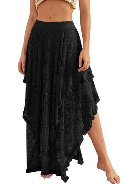Women's Black Floral Lace  Asymmetrical Layered Flowy Boho Beach Maxi Skirt